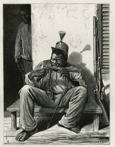A facção do escritório do lugar, espingarda encostada à parede, devorando um pedaço de cana de açúcar, gravada por T.Wust, para ilustrar a história La republique d