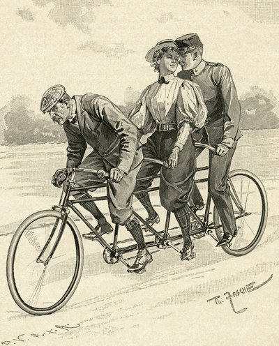 Bicicleta para três pessoas, designada por bicicleta tandem de Theodore Zasche