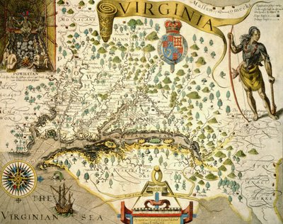 Sloane MS 1622 Mapa da Virgínia, mostrando na parte superior esquerda uma imagem do Chefe Powhatan por John Smith (1580-1631) 1624 (gravura colorida à mão) de Theodore de (after) Bry