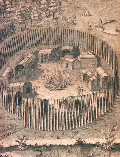 Um acampamento indígena fortificado na Virgínia de Theodore de Bry