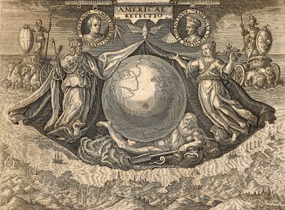 Alegoria das Índias Ocidentais ou Américas, com retratos dos navegadores Cristóvão Colombo e Américo Vespucci de Theodore de Bry