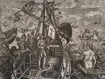 Alegoria da viagem de Cristóvão Colombo à descoberta do Novo Mundo, gravada por Theodor de Bry (1528-1598) de Theodore de Bry