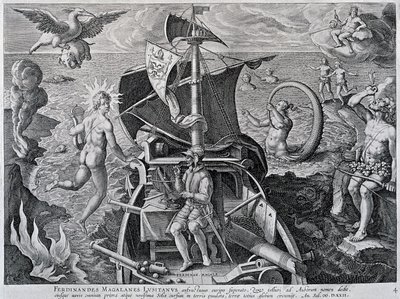 Alegoria sobre as viagens de Fernão de Magalhães (1480-1521), por Theodor de Bry (1528-1598) de Theodore de Bry