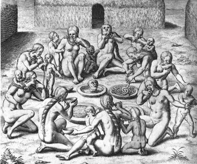 Refeições de antropofagos: Canibais da América do Sul - em "Admirante Narratio Americae", de Théodore de Bry de Theodore de Bry