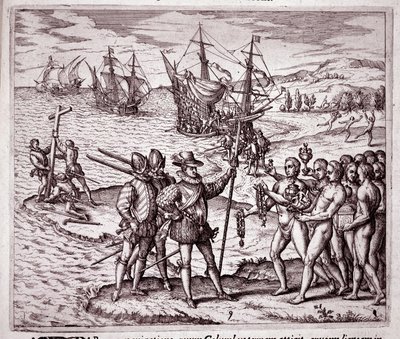 Chegada de Cristóvão Colombo à ilha de Hispaniola, nas Índias Ocidentais (Gravura de Theodore de Bry