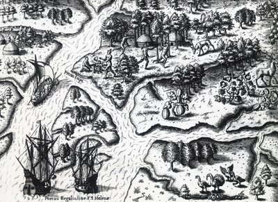 Chegada do francês a Port Royal em 1564, por Theodor de Bry (1528-1598) da pintura de Jacques le Moyne de Morgues (ca. 1533- antes de 1588), gravura de Theodore de Bry