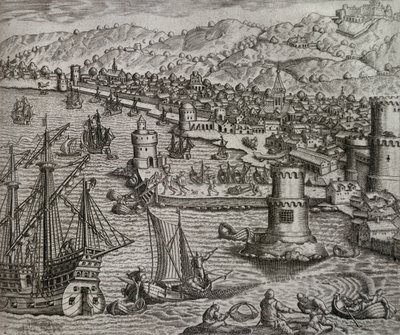 Chegada de Girolamo Benzoni ao porto de Las Palmas durante sua viagem às Américas (1541), Ilhas Canárias, gravura de Theodor de Bry (1528-1598) de Theodore de Bry