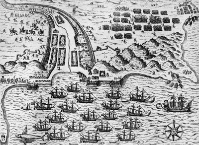 Ataque a Santiago em 27 de Novembro de 1585 (gravura) de Theodore de Bry