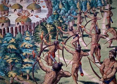 Ataque à aldeia com setas flamejantes, gravadas a partir de Narratio In Floridae de Theodore de Bry