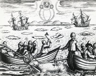 Aurora boreal e caça ao urso branco durante a terceira expedição liderada por William Barents (ca. 1550-1597) em busca da Passagem Nordeste em 1596, por Theodor de Bry (1528-1598), gravando de Theodore de Bry