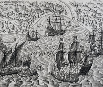 Batalha em frente da cidade de Matical na Baía de Bengala, gravura de Indiae Orientalis, de Theodor de Bry (1528-1598) de Theodore de Bry