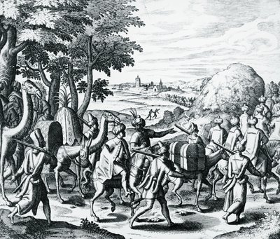 Caravana de comerciantes árabes viajando de Alepo a Basra, gravura de Grands e Petits Voyages, de Theodor de Bry (1528-1598), Oriente Médio de Theodore de Bry