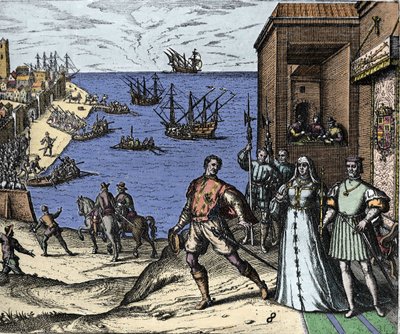 Cristóvão Colombo e os irmãos Pinzon deixam o porto de Palos, na Espanha, em 08/03/1492, para o Novo Mundo. À direita O Rei e Rainha de Portugal Fernão de Aragão e Isabel Iere de Castela. Gravura de Theodore de Bry em "Admirante de Theodore de Bry