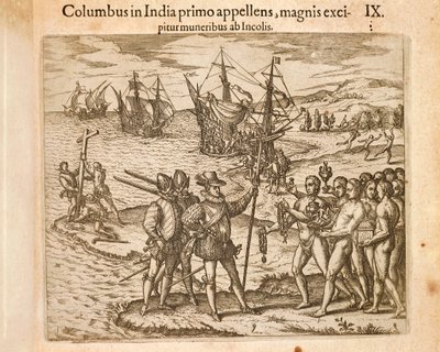 Cristóvão Colombo desembarca na ilha de Guanahani (San Salvador) 12 de outubro de Theodore de Bry