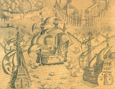 Clash Between French and Portuguese Ships in the Atlantic Ocean for possession of Brazil, Ilustração da História Americana por Theodore de Bry de Theodore de Bry