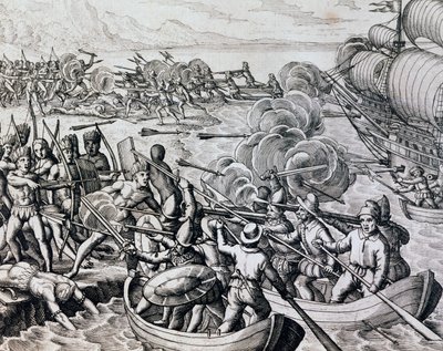 Clash entre índios nativos e tropas espanholas, gravura de Historia Americae, de Theodor de Bry (1528-1598), Frankfurt de Theodore de Bry