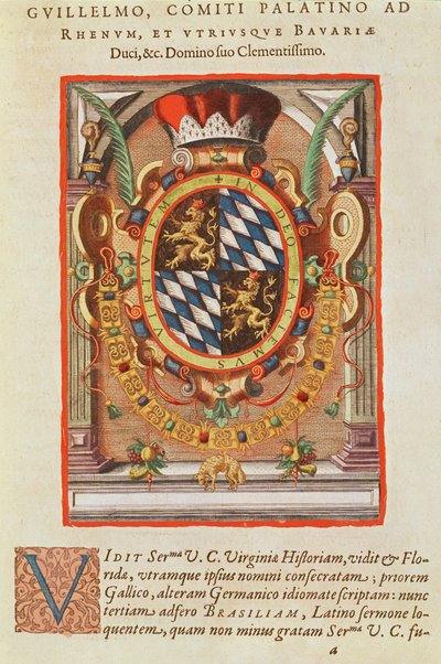 Brasão de armas, de &39;Americae Tertia Pars ..&39;, 1592 (gravura colorida) de Theodore de Bry