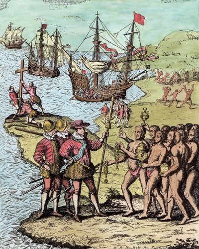 Colombo em Hispaniola, de "A História Narrativa e Crítica da América", editado por Justin Winsor, Londres, 1886 (coloração posterior) de Theodore de Bry