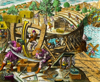 Construção de um barco para o navegador espanhol Vasco Nunez de Balboa (1475-1517) Gravura da "História das Américas" de Theodore de Bry (1528-1598) Século XVI. Coleção Particular de Theodore de Bry