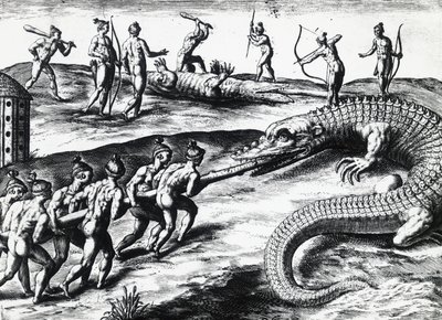 Caça ao crocodilo na Flórida, da pintura de Jacques le Moyne de Morgues (ca. 1533- antes de 1588), de Theodor de Bry (1528-1598). gravura de Theodore de Bry