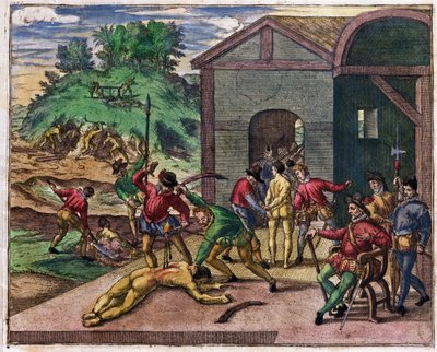 Crueldade dos colonos espanhóis em relação aos índios, México, c.1550 de Theodore de Bry