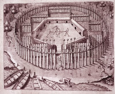 Sistema de defesa das cabanas dos índios por uma fila dupla de troncos de árvores plantadas em volta. As cabeças cortadas dos inimigos são colocadas no topo (Gravura de Theodore de Bry