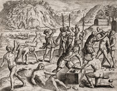 Descrição dos crimes infligidos aos índios por colonos espanhóis - Conquistadores massacrando uma aldeia indígena. Amputations des mains - Gravura de Theodore de Bry em "Narratio regionum indicarum per Hispanos quosdam devastatarum verissima" de Bartolome  de Theodore de Bry