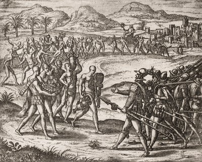 Descrição dos crimes infligidos aos índios pelos colonos espanhóis - Índios trazendo presentes e ouro aos Conquistadores - Gravura de Theodore de Bry em "Narratio regionum indicarum per Hispanos quosdam devastatarum verissima" de Bartolome de las Casas ( de Theodore de Bry