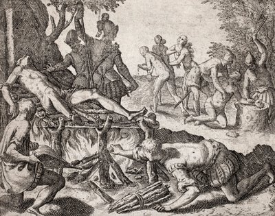 Descrição dos crimes cometidos a índios por colonos espanhóis - Cena de tortura de índios por conquistadores espanhóis. Tortura na grelha, amputação de mãos - Gravura de Theodore de Bry em “” Narratio regionum indicarum per Hispanos quosdam devastataru de Theodore de Bry