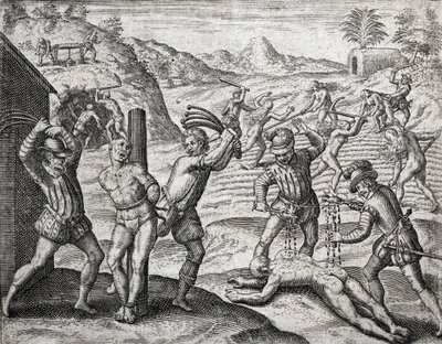 Descrição de crimes infligidos a índios por colonos espanhóis - Espanhóis torturando índios - Gravura de Theodore de Bry em “Brevisima Relacion de la Destruction de las Indias” ”por Bartolome de las Casas (1484-1566) de Theodore de Bry