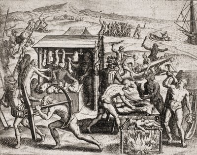 Descrição dos crimes infligidos aos índios por colonos espanhóis - Conquistadores espanhóis fazendo os índios trabalhar e maltratando-os - Índios antropófagos - Gravura de Theodore de Bry em "Narratio regionum indicarum per Hispanos quosdam devastatarum ve de Theodore de Bry