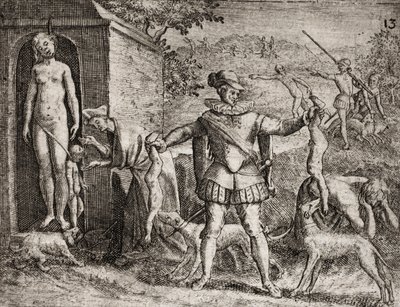 Descrição dos crimes infligidos aos índios por colonos espanhóis - Conquistadores espanhóis massacrando mulheres e crianças indígenas. Enforcamento. Crianças jetes aux chiens - Gravura de Theodore de Bry em "Narratio regionum indicarum per Hispanos quosdam de Theodore de Bry