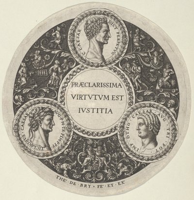 Projeto para um prato com retratos dos imperadores romanos César, Cláudio e Otão, ca...., ca. 1588. de Theodore de Bry
