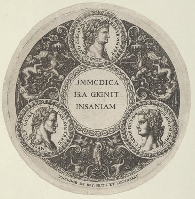 Design para um prato com retratos dos imperadores romanos Nero, Galba e Calígula, ca. ..., cerca de 1588. de Theodore de Bry