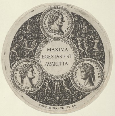 Projeto para um prato com retratos dos imperadores romanos Vitélio, Domiciano e Augusto..., ca. 1588. de Theodore de Bry