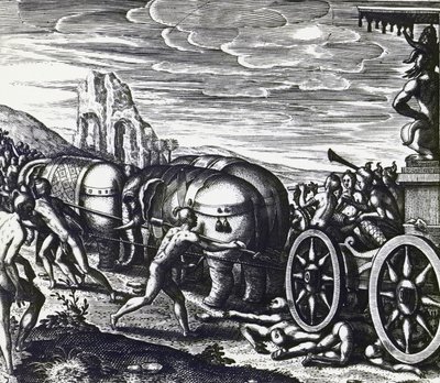 Devotos sendo esmagados por carruagem durante procissão de ídolo, por Theodor de Bry (1528-1598), gravando de Theodore de Bry