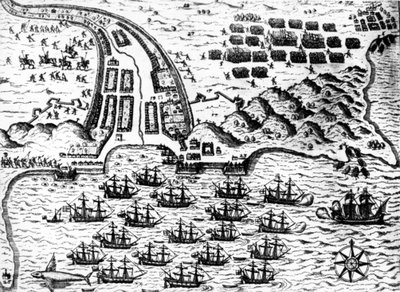Drake capturou o barco "Saint Giacomo" na ilha de Capo Verde, em 1585, por De Bry de Theodore de Bry