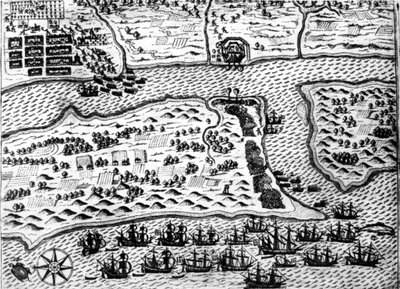 Drake captura o barco "Saint Augustin", em 1586, por De Bry de Theodore de Bry