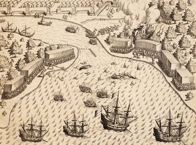Holandês chegando à Ilha Madura, Java, gravura de obra India Orientalis, de Theodor de Bry (1528-1598), Indonésia de Theodore de Bry