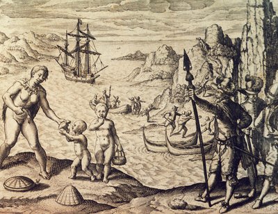 O capitão holandês Sebalt de Weert desembarca na costa da Guiana, de Historia americae, por Theodor de Bry (1528-1598), Frankfurt de Theodore de Bry