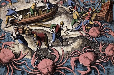 Navegadores europeus a lutar contra o caranguejo grande. Gravura de "Petities voyages aux Indes Orientales" de Theodore de Bry de Theodore de Bry