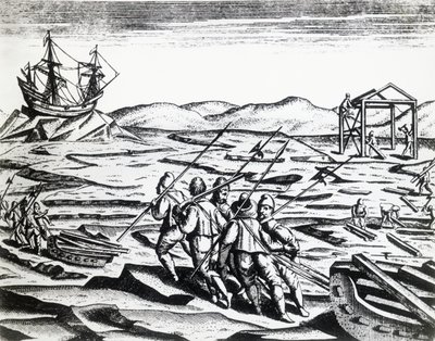 Expedição liderada por William Barents (ca. 1550-1597) em busca da Passagem Nordeste, de Peregrinationes, por Theodor de Bry (1528-1598), gravando de Theodore de Bry