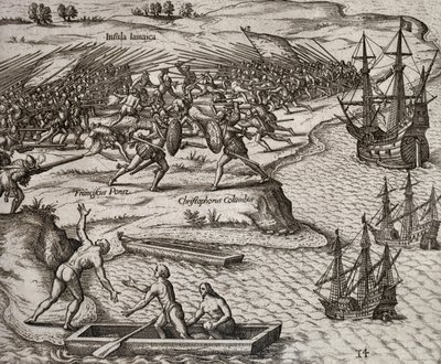 Luta entre Cristóvão Colombo e Francesco Poresio na Jamaica, gravada por Theodor de Bry (1528-1598) de Theodore de Bry