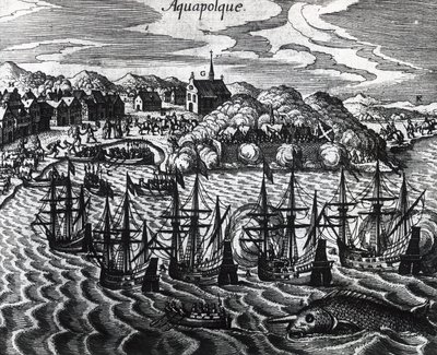Frota de galeões no Porto de Acapulco, de Theodor de Bry (1528-1598), gravura de Theodore de Bry