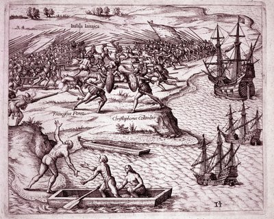 Quarta viagem de Cristóvão Colombo na ilha da Jamaica em 1503 (Gravura de Theodore de Bry