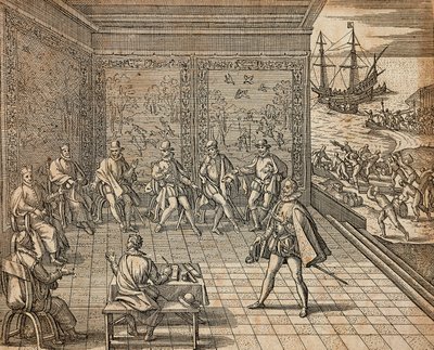 Francesco Pizarro Preparando-se para sua Expedição à América do Sul, por Theodore de Bry de Theodore de Bry