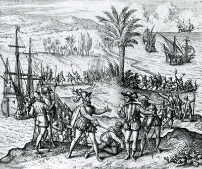 Francisco de Bobadilla chegando como governador e prendendo Cristóvão Colombo (1451-1506) em Hispaniola, 1500, 1590 de Theodore de Bry