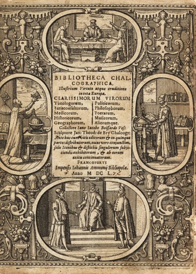 Frontispício com vinhetas de cientistas dentro das fronteiras. de Theodore de Bry