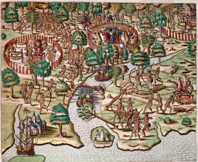 História da América: "Descrição dos métodos de cerco e ataque, índios lutando contra armees espanhóis" Recito do cativeiro de Hans Staden, explorador alemão que partiu com as frotas espanholas para o Brasil, capturado pelos índios Tupinamba. Gravura de "Am de Theodore de Bry
