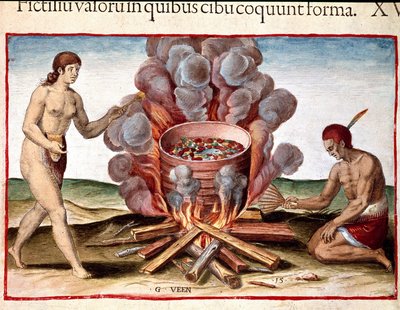 História da América: "Indian cooking fish" Gravura de "Admirante Narratio Americae" de Theodore de Bry (1528-1598) de Theodore de Bry